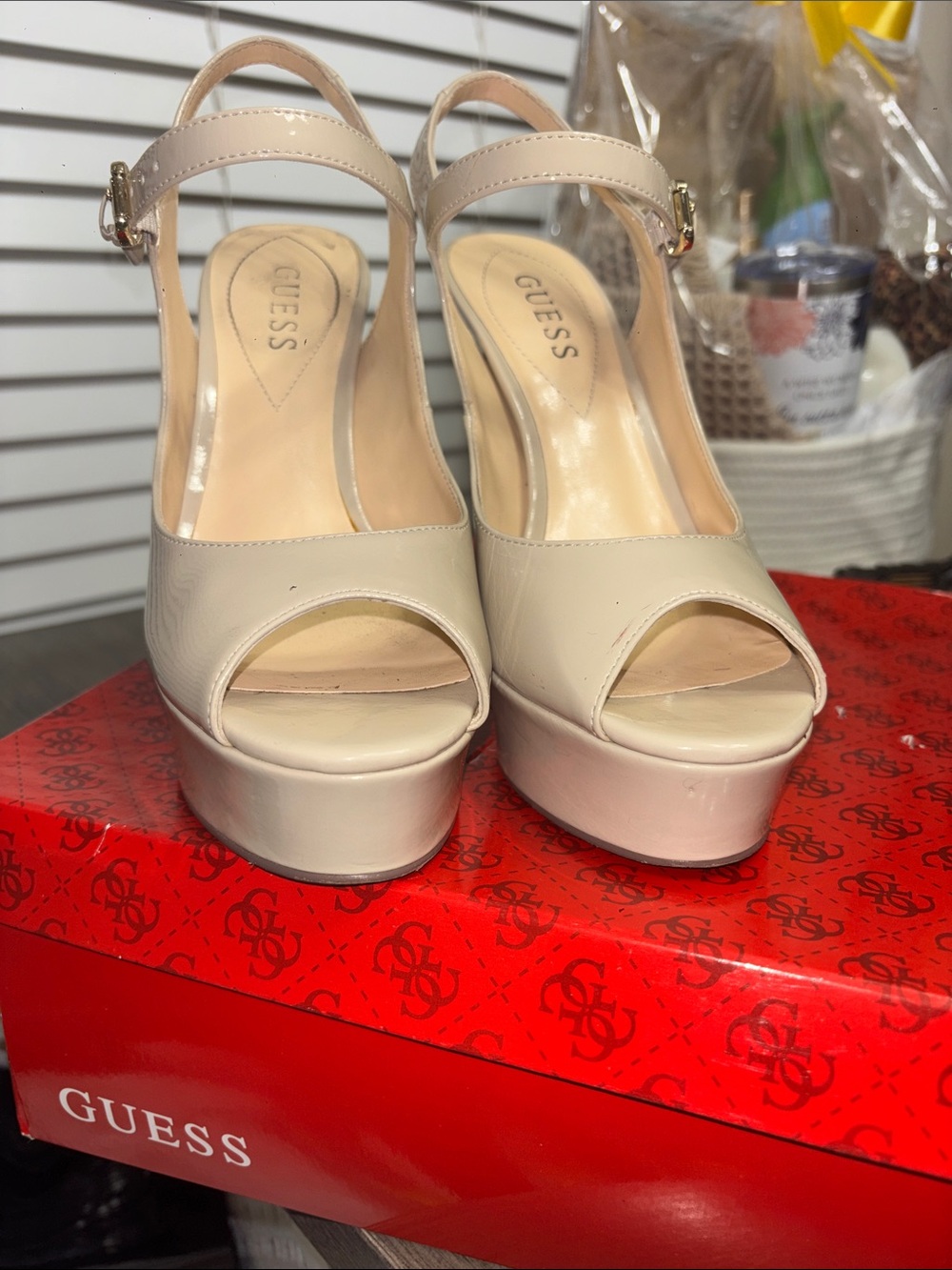 GUESS Cream Patent Platform Peep-Toe Sandals